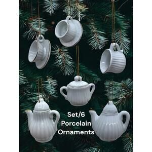 Lillian Vernon Tea Cup Saucer Teapot Mini Christmas Ornaments Set 6 Piece NEW